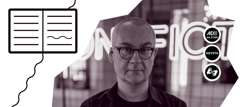 Portret mężczyzny w okularach. Po lewej stronie od mężczyzny umieszczona jest ikona książki, a po prawej trzy ikony w kształcie koła: AD na żywo, Asysta oraz znak tłumacza języka migowego.