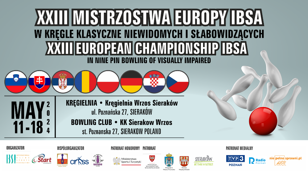 Baner informacyjny. Po prawej stronie znajduje się grafika kręgli, które są trafiane przez czerwoną kulę do kręgli. W środku plakatu widoczne są flagi uczestniczących krajów, takie jak Słowacja, Czechy, Polska, Niemcy, Chorwacja i inne. Na dole plakatu znajdują się loga organizatorów i sponsorów wydarzenia.