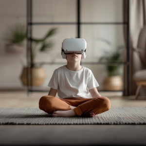 Chłopiec siedzi na dywanie z nogami skrzyżowanymi. Na głowie nosi biały zestaw do wirtualnej rzeczywistości. W tle widoczne są rośliny doniczkowe