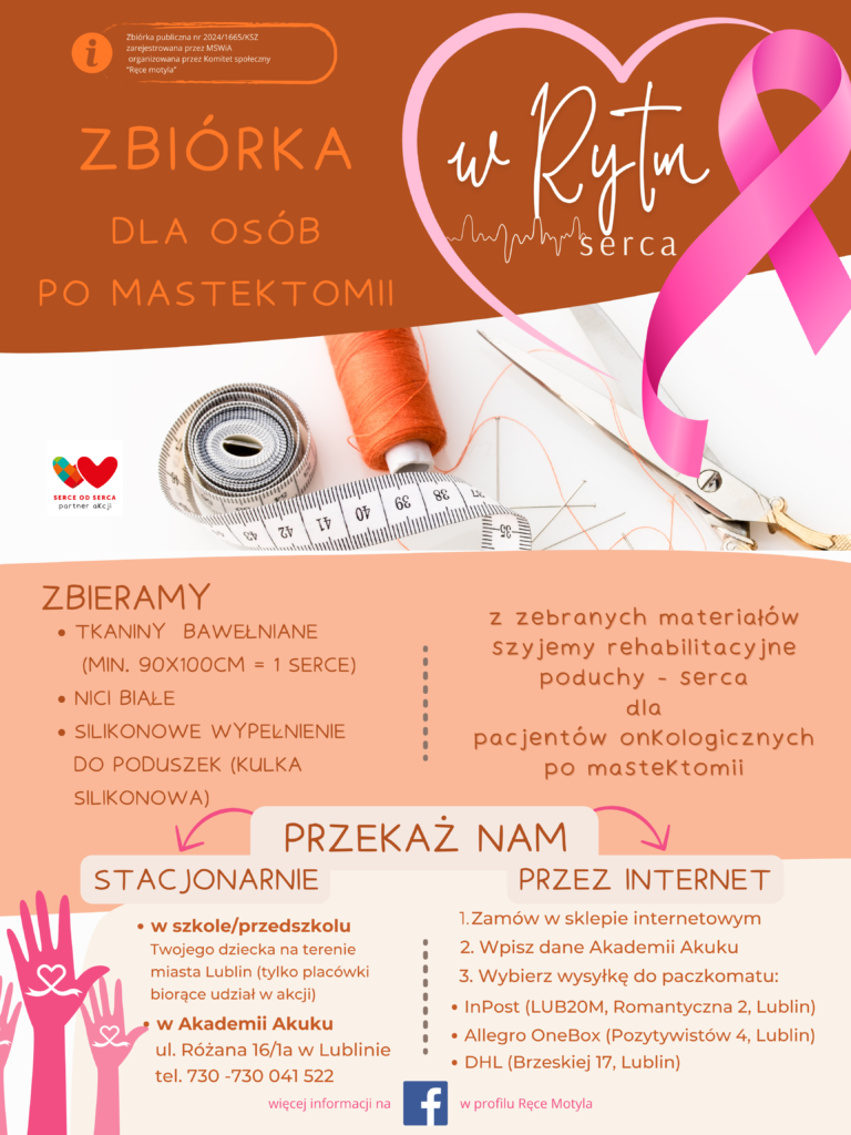 Plakat informacyjny dotyczący zbiórki dla osób po mastektomii, po prawej stronie zamieszczona jest duża różowa wstążka, a w lewym dolnym rogu zdjęcie nici, miarki krawieckiej, szpilek i nożyczek.