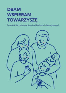 Okładka Poradnika w kolorze turkusowym przedstawia pięcioosobową rodzinę