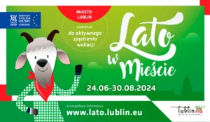 Koziołek na zielonym tle i napis Lato w mieście 24.06-30.08.2024 r.