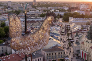 Na pierwszym planie blaszany kogut z Wieży Trynitarskiej, w tle Krakowskie Przedmieście