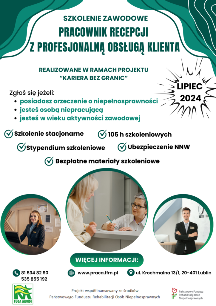 Plakat promujący szkolenie "Pracownik recepcji z profesjonalną obsługą klienta"