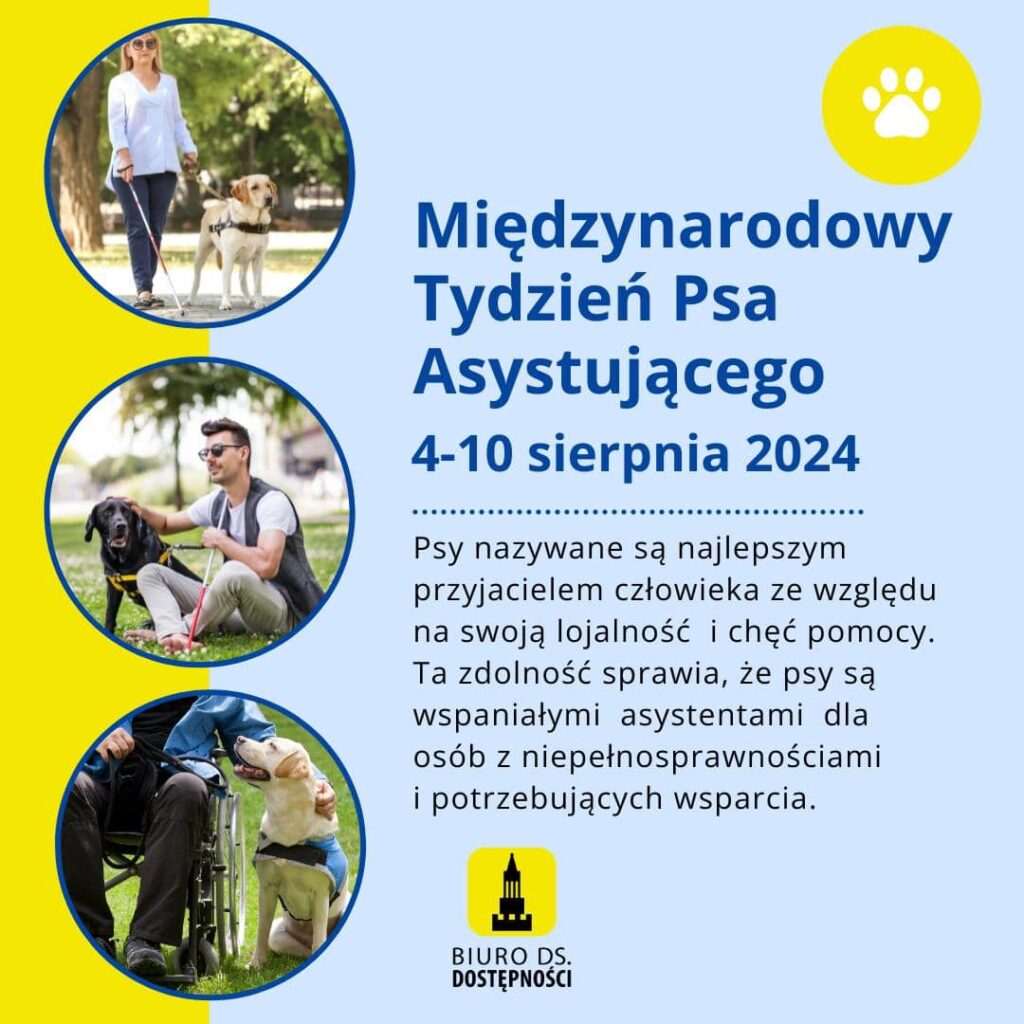 Po lewej stronie, w pionie, znajdują się trzy zdjęcia ilustrujące różne sceny z udziałem psów asystujących i ludzi: Zdjęcie: Kobieta z białą laską idzie z psem przewodnikiem na smyczy. Zdjęcie: Mężczyzna siedzi na trawie, trzymając białą laskę, obok niego siedzi pies. Zdjęcie: Osoba na wózku inwalidzkim, obok niej pies. Pośrodku tekst: Międzynarodowy Tydzień Psa Asystującego 4-10 sierpnia 2024. Psy nazywane są najlepszym przyjacielem człowieka ze względu na swoją lojalność i chęć pomocy. Ta zdolność sprawia, że psy są wspaniałymi asystentami dla osób z niepełnosprawnościami i potrzebujących wsparcia. Pod tekstem logo Biura ds. Dostępności