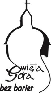 Czarno-biała grafika przedstawiająca sylwetkę kościoła, w dolnej części znajduje się napis: Święta Góra bez barier.