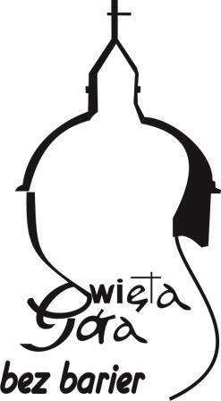 Czarno-biała grafika przedstawiająca sylwetkę kościoła, w dolnej części znajduje się napis: Święta Góra bez barier.