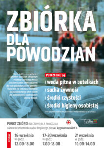 Plakat informujący o prowadzonej przez Miasto Lublin zbiórce, napis zbiórka dla powodzian