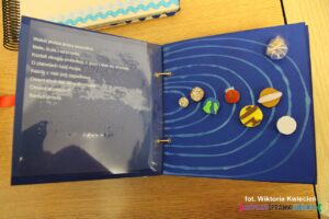 Wnętrze książki pt. "Kilka słów o planetach", na lewej stronie umieszczono tekst w języku polskim oraz przezroczystą wkładkę z Braillem a po prawej stronie znajduje się dotykowa ilustracja wypukłych planet Układu Słonecznego