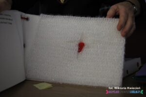 Prezentacja wnętrza ksiązki pt. "Les Chaussettes d’Oscar", która zdobyła I miejsce i nagrodę 2000 zł, na karcie wyobrażenie śniegu, wykonanego ściegiem na drutach lub szydełku z połyskliwej białej włóczki