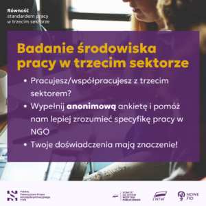 Plakat promujący udział w ankiecie. Tytuł plakatu: Badanie środowiska pracy w trzecim sektorze.
