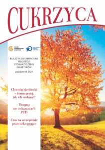Okładka październikowego wydania Biuletynu Informacyjnego PSD "Cukrzyca" ze zdjęciem jesiennego drzewa skąpanego w słońcu