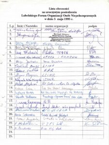 Skan dokumentu archiwalnego: "Lista obecności na uroczystym posiedzeniu Lubelskiego Forum Organizacji Osób Niepełnosprawnych w dniu 5 maja 1995 r."