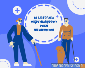 Grafika przedstawiająca dwóch mężczyzn, jeden z białą laską, drugi z laską i psem przewodnikiem