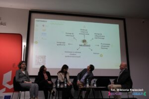 Uczestnicy panelu, okręcają głowy, aby zobaczyć wyświetloną na ekranie wiszącym nad nimi - stworzoną przez Pana Macieja Knapa - mapę dostępności