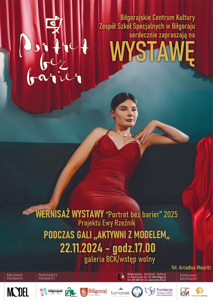 Plakat promujący Wernisaż wystawy, który odbędzie się 22 listopada o godzinie 17:00 w ramach Gali "Aktywni z Modelem" w galerii Biłgorajskiego Centrum Kultury