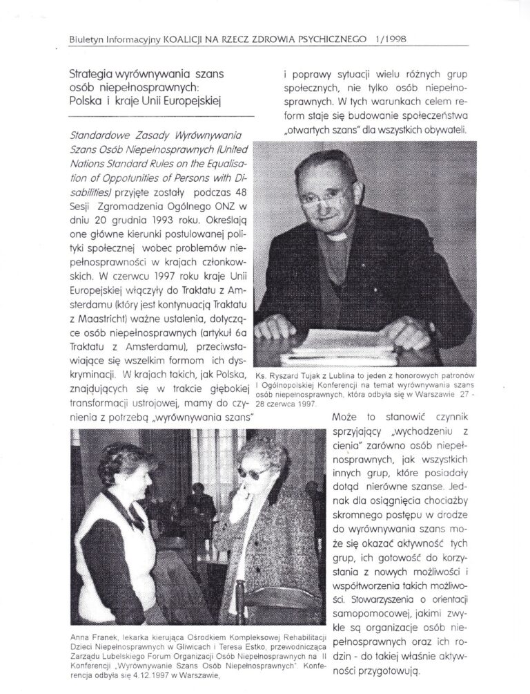 Skan pierwszej strony artykułu pt. "Strategie wyrównywania szans osób niepełnosprawnych: Polska i kraje Unii Europejskiej" w Biuletynie Informacyjnym Koalicji a Rzecz Zdrowia Psychicznego