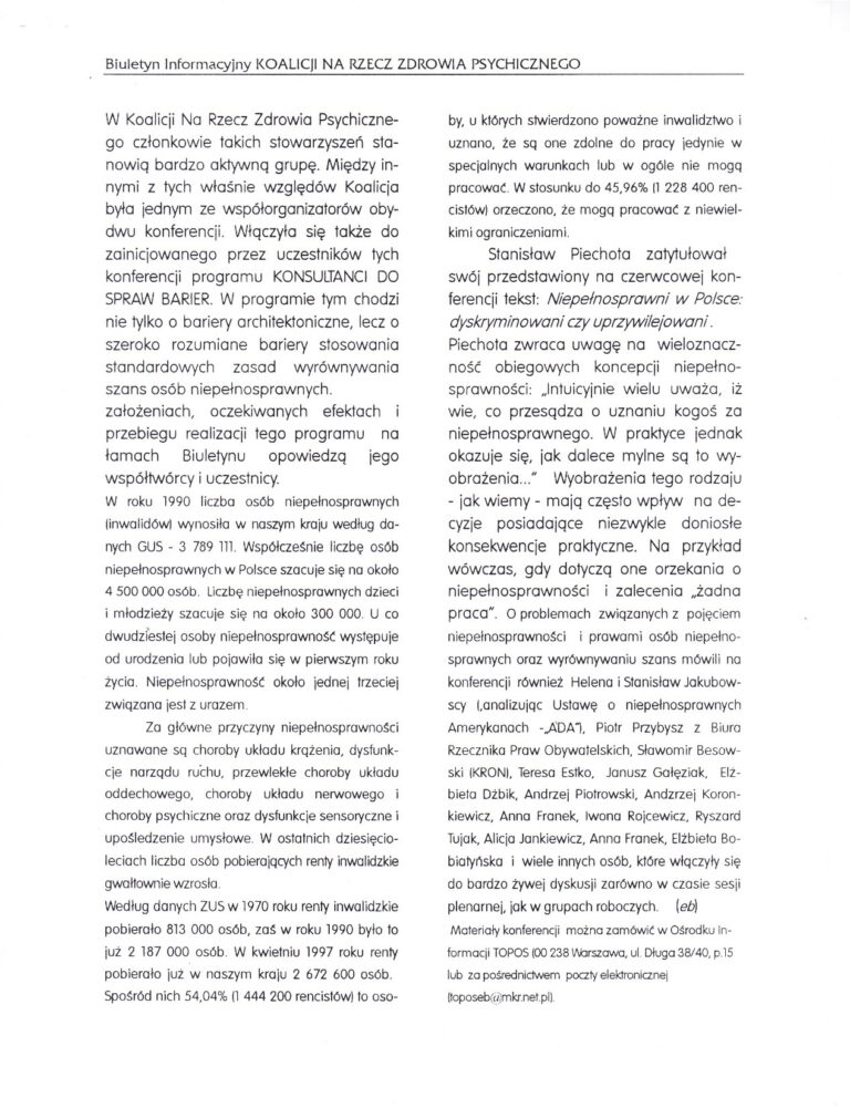 Skan pierwszej strony artykułu pt. "Strategie wyrównywania szans osób niepełnosprawnych: Polska i kraje Unii Europejskiej" w Biuletynie Informacyjnym Koalicji a Rzecz Zdrowia Psychicznego