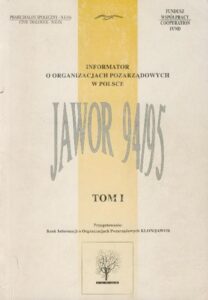 Skan okładki pierwszego tomu Informatora o organizacjach pozarządowych w Polsce "Jawor 94/95", przygotowanego przez Bank Informacji o Organizacjach Pozarządowych KLON/JAWOR