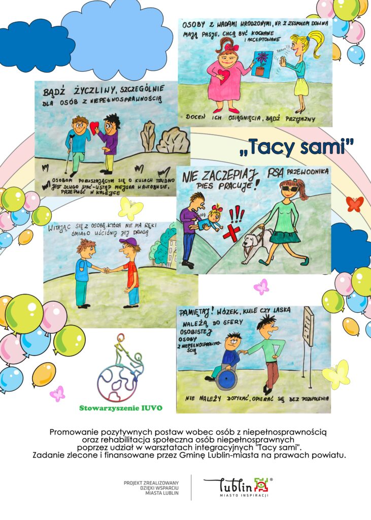Ilustrowany plakat promujący świadomość niepełnosprawności, przedstawiający różne sceny, w tym osobę z zespołem Downa, osobę poruszającą się o kulach oraz osobę na wózku inwalidzkim, a także psa asystującego. Pod rysunkami znajduje się kolorowa tęcza i chmury, a kolorowe balony obramowują obrazy.