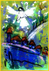 Grafika/malarstwo. Barwna abstrakcja z wyraźną sylwetką Anioła, autorstwa Anny Pierepienko z Koła Plastycznego Internatu Specjalnego Ośrodka Szkolno-Wychowawczego nr 1 w Lublinie