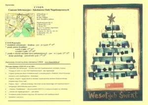 Skan rozłożonej okładki katalogu towarzyszącego konkursowi plastycznemu "Mój projekt kartki na Święta Bożego Narodzenia", po lewej stronie na żółtym tle umieszczono informacje dotyczące Centrum Informacyjno-Szkoleniowego Osób Niepełnosprawnych wraz z mapką dojazdu i listą planowanych działań, po prawej stronie choinka, będąca przedrukiem kartki wykonanej w ramach konkursu przez Piotra Golenia z WTZ przy ŚDS "Roztocze" w Lublinie
