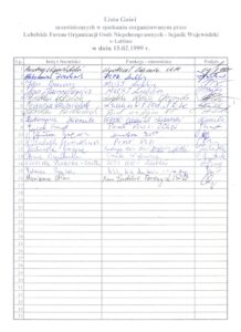 Skan Listy Gości uczestniczących w spotkaniu zorganizowanym przez LFOON-SW w dniu 15 lutego 1999 r.; 16 odręcznych podpisów umieszczonych w rubrykach tabeli