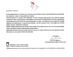 Skan zaproszenia do uczestnictwa w Ogólnopolskiej Konwencji Obywatelskiej; czarny druk na białym tle