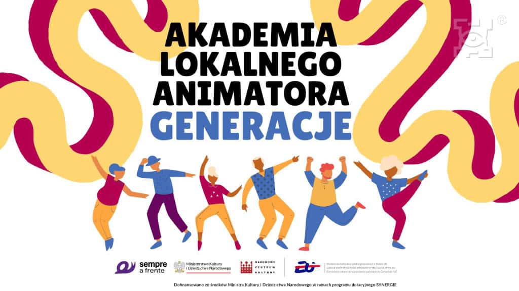 Grafika z centralnie umieszczonym napisem "Akademia Lokalnego Animatora Generacje", poniżej sześć sylwetek w ruchu. U dołu logotypy organizatorów oraz informacja o dofinansowaniu