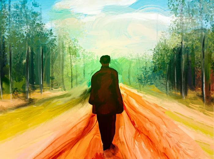 Obraz namalowany w pastelowych kolorach. Znajduje się na nim postać mężczyzny ubranego na brązowo, który stoi na leśnej drodze w kolorze żółto-pomarańczowo-czerwonym. Po obu stronach drogi widoczne są młode drzewa liściaste. Niebo jest lekko przykryte chmurami kłębiastymi.