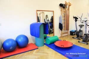 Sala do gimnastyki, pod ścianami ustawiono sprzęt sportowy