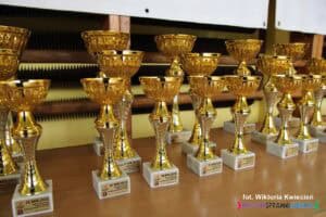 Przygotowane do ceremonii złote puchary ustawione w rzędach na stole. Każdy puchar ma na podstawie metalową tabliczkę z grawerowanym napisem wskazującym zajęte miejsce, od III do I