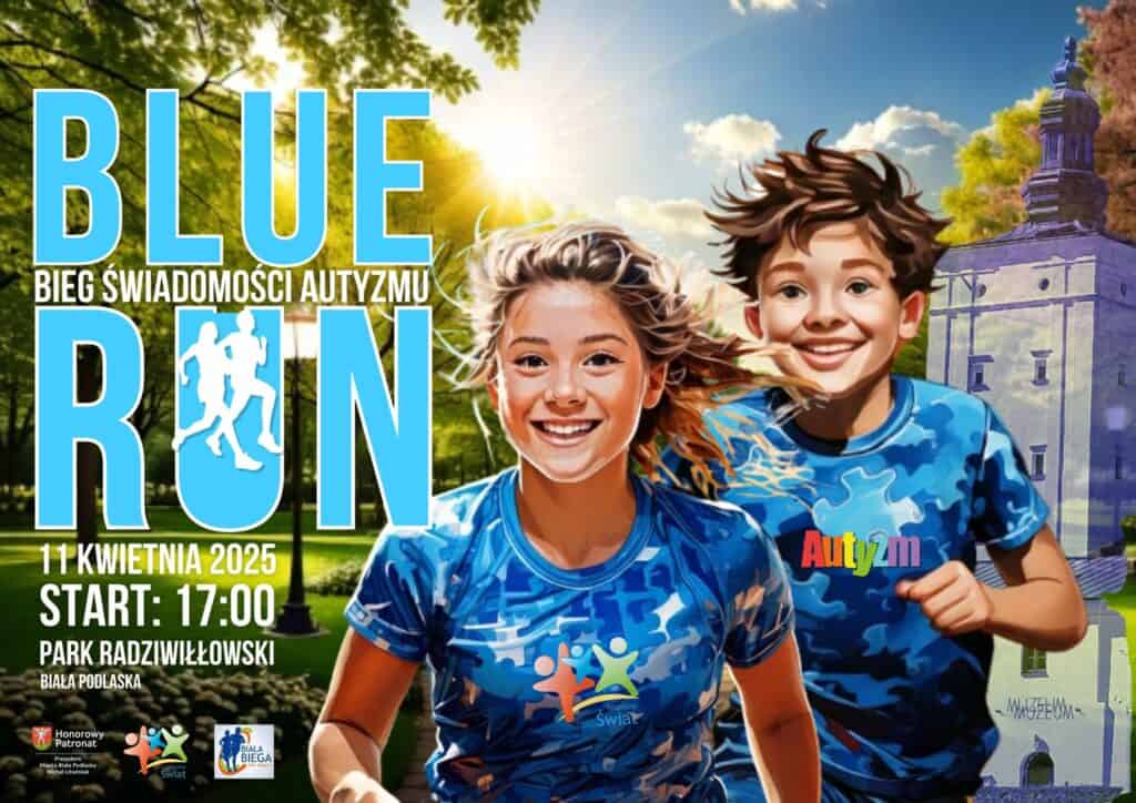 Ilustracja przedstawiająca uśmiechnięte dzieci biegnące w niebieskich koszulkach. W tle znajduje się oświetlony słońcem park oraz zabytkowa architektura