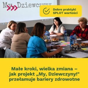 Kobiety siedzące przy stole z butelkami wody i słodkim poczęstkunkiem, uczestniczące w spotkaniu. Na ekranie wyświetla się prezentacja zatytułowana „My, Dziewczyny”. Poniżej zdjęcia tekst w kolorze zielonym na źółtym tle: Małe kroki, wielka zmiana - jak projekt "My, Dziewczyny!" przełamuje bariery zdrowotne