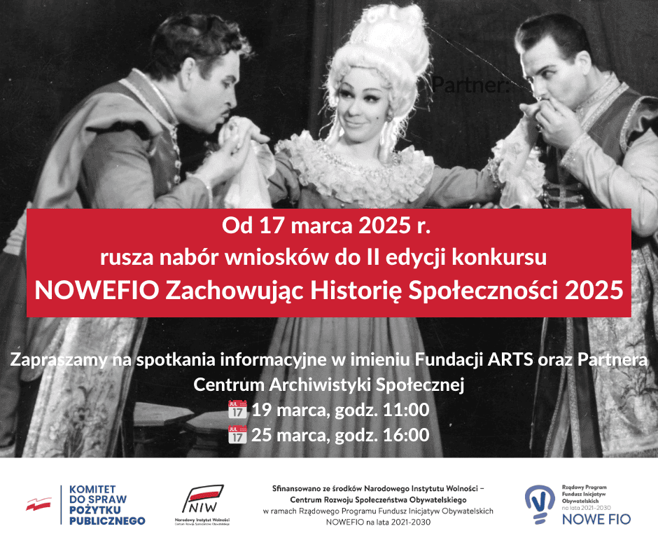 Baner informacyjny dot. ogłoszenia II edycji konkursu grantowego „NOWEFIO – Zachowując Historię Społeczności” 2025"