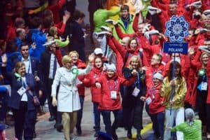 Pierwsza Dama Rzeczpospolitej Polski Agata Kornhauser-Duda oraz Reprezentanci Polski podczas Ceremonii Otwarcia Światowych Zimowych Igrzysk Olimpiad Specjalnych Turyn 2025; fot. Adam Nurkiewicz