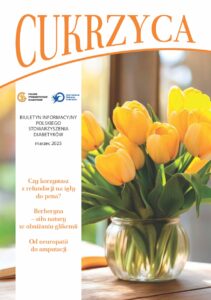 Okładka marcowego wydania Biuletynu Informacyjnego PSD "Cukrzyca" ze zdjęciem bukietu żółtych tulipanów