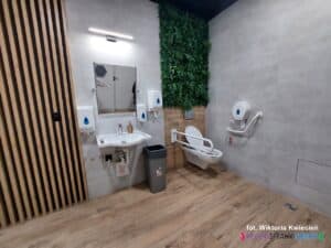 Wnętrze toalety dla osób z niepełnosprawnościami; widok na umywalkę i miskę ustępową z zamontowanymi na ścianie pochwytami