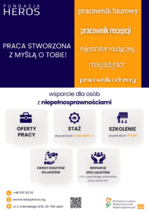 Plakat Fundacji Heros zawierająca szczegółowe informacje na temat wsparcia zawodowego dla osób niepełnosprawnych, w tym stanowiska i możliwości, takie jak staże i szkolenia, z danymi kontaktowymi i logiem PFRON.
