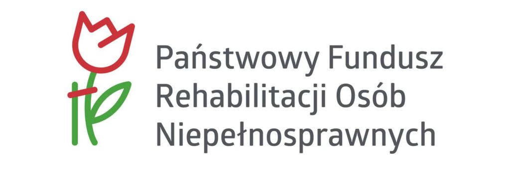 Logo Państwowego Funduszu Rehabilitacji Osób Niepełnosprawnych z sygnetem i typografią opartą na foncie Glober. Kolorystyka podstawowa to trzy kolory: czerwony, zielony i ciemnoszary na białym tle. Sygnet przedstawia kwiat, który jest „osłabiony”. Dzięki podporze rozkwita. Kwiat symbolizuje osobę niepełnosprawną, podpora zaś – wsparcie ze strony PFRON.