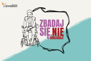Rysunek meżczyzny na wózku obok konkuru mapy Polski. W mapę wpisany tekst Zbadaj się. Nie odkładaj!