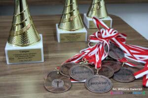 Na drewnianym blacie ułożono puchary i medale. Inskrypcja na złotych pucharach odpowiednio za I, II i III miejsce w kategorii dzieci i młodzież VIII Akademicki Turniej 'Boccia Cup 2025'. Lublin, 08.05.2025