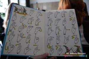 Okładka wewnętrzna książki „Szkolny słownik języka migowego, Tom I” autorstwa Bogdana Szczepankowskiego i Marka Rony. Widoczny jest zbiór znaków migowych (daktylogramów) przedstawiających litery polskiego alfabetu