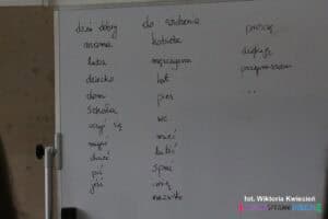 Na białej tablicy suchościeralnej czarnym markerem wypisano rzeczowniki, czasowniki oraz zwroty grzecznościowe zaplanowane do nauki podczas warsztatów języka migowego