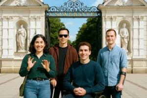 Czwórka młodych dorosłych, w tym jedna kobieta,obok niej mężczyzna poruszający się na wózku, a za nim drugi korzystający z kul ortopedycznych. Wszyscy pozują i uśmiechają się przed bramą uniwersytecką z napisem UNIWERSYTET.