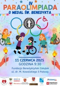 Plakat przedstawiający dzieci niepełnosprawne biorące udział w sporcie, ręce trzymające pochodnie, Pod grafiką pasek z logotypami organizatorów wydarzenia i patronatów.