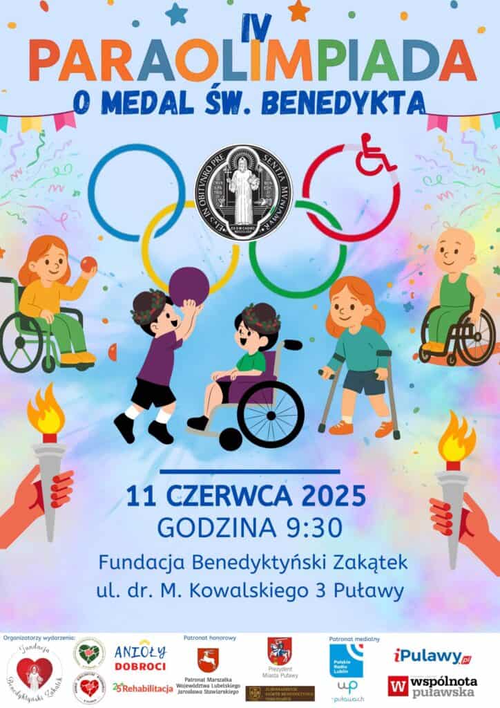 Plakat przedstawiający dzieci niepełnosprawne biorące udział w sporcie, ręce trzymające pochodnie, Pod grafiką pasek z logotypami organizatorów wydarzenia i patronatów.