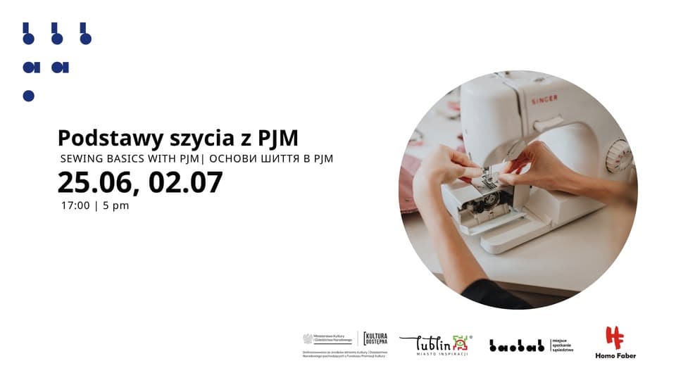 Baner wydarzenia: Podstawy szycia z PJM przedstawiający dłonie obsługujące maszynę do szycia.