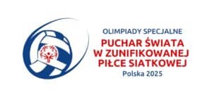 Logo przedstawiające piłkę do siatkówki z symbolem Olimpiad Specjalnych i tekstem: Olimpiady Specjalne Puchar Świata w Zunifikowanej Piłce Siatkowej Polska 2025