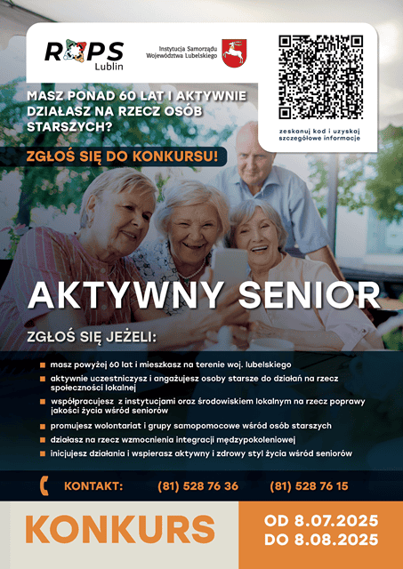 Plakat zachęcający do udziału w konkursie "Aktywny Senior", organizowanym przez ROPS